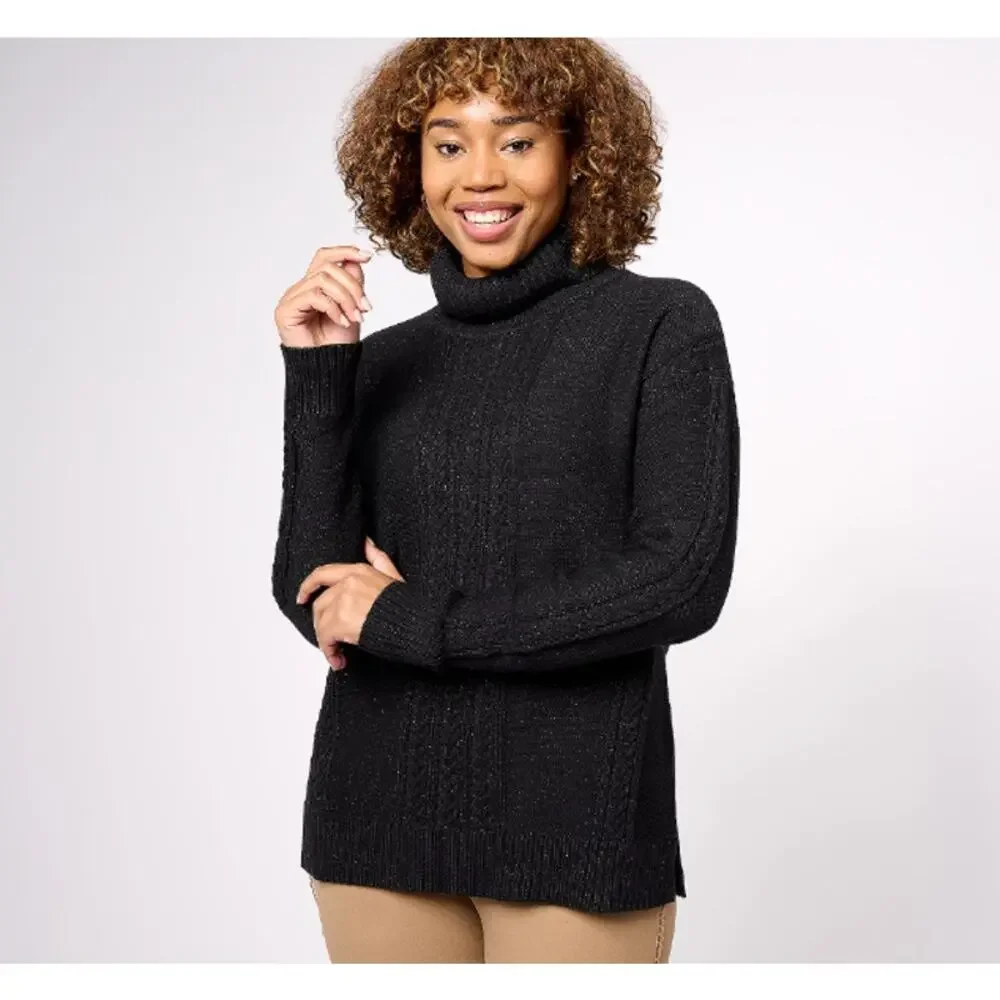 A551050 ISAAC MIZRAHI Cable Stitch Turtleneck Sweater Pitch Black XL